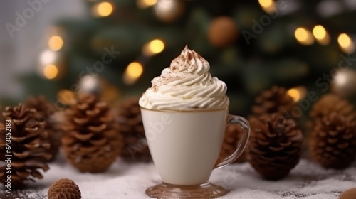 Cappuccino with whipped cream in a cup on a background of a Christmas tree