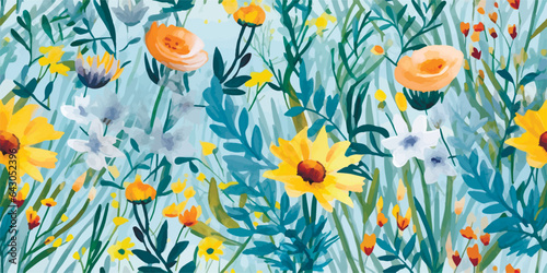 Wallpaper Mural Trendy Wild Meadow florals , Flower bouquet illustration Seamless Pattern Vector Design, Design for fashion , Perfect for greetings, invitations, manufacture wrapping paper, textile, wedding Torontodigital.ca