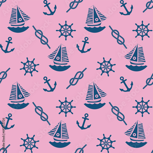 Abstract Geometric Marine Pattern Boats Anchors Ship Rudders Small Icons Colorful Trendy Vector Design Seamless Texture