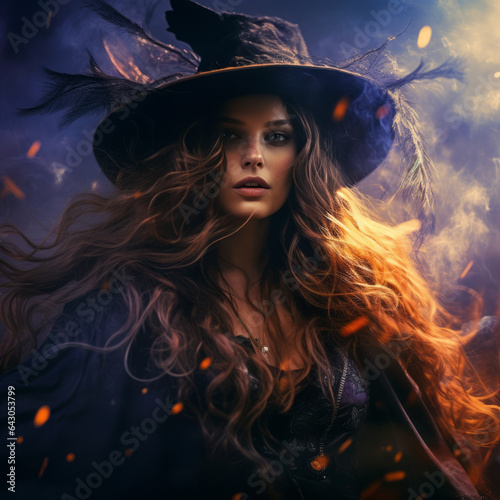 Beautiful witch surrounded by flashes of light, with rays of energy in her hands