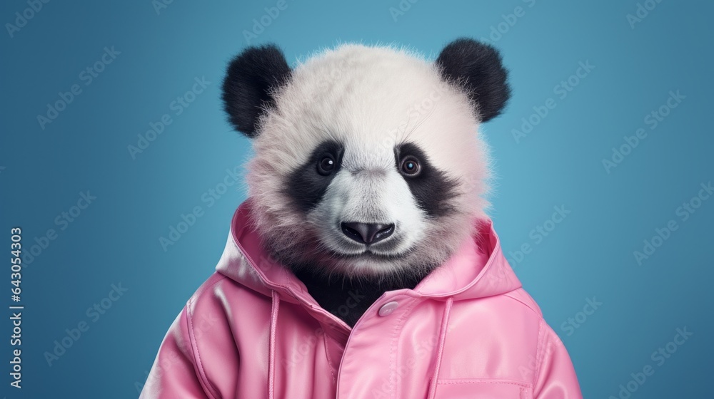 Naklejka premium Portrait of a cute and funny Giant panda character wearing a pink raincoat with a hood, on blue background with copy space. Pastel colors. Minimal humorous concept of Asian rain and monsoon season.
