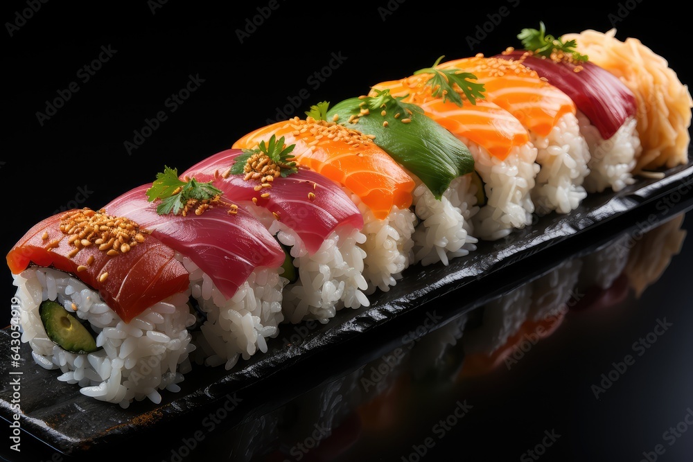 A row of SUSHI NIGIRI display on plate A row of SUSHI NIGIRI display on plate