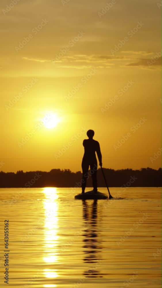 Vertical Screen: Silhouette of woman standing on SUP board and paddling at sunset, reflection on water. Outdoor activity and healthy lifestyle. Concept of fitness Vertical Screen: Silhouette of woman standing on SUP board and paddling at sunset, reflection on water. Outdoor activity and healthy lifestyle. Concept of fitness