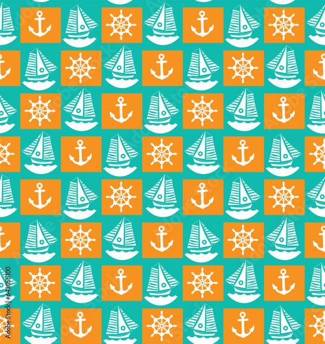 Abstract Geometric Marine Pattern Boats Anchors Ship Rudders Small Icons Colorful Trendy Vector Design Seamless Texture