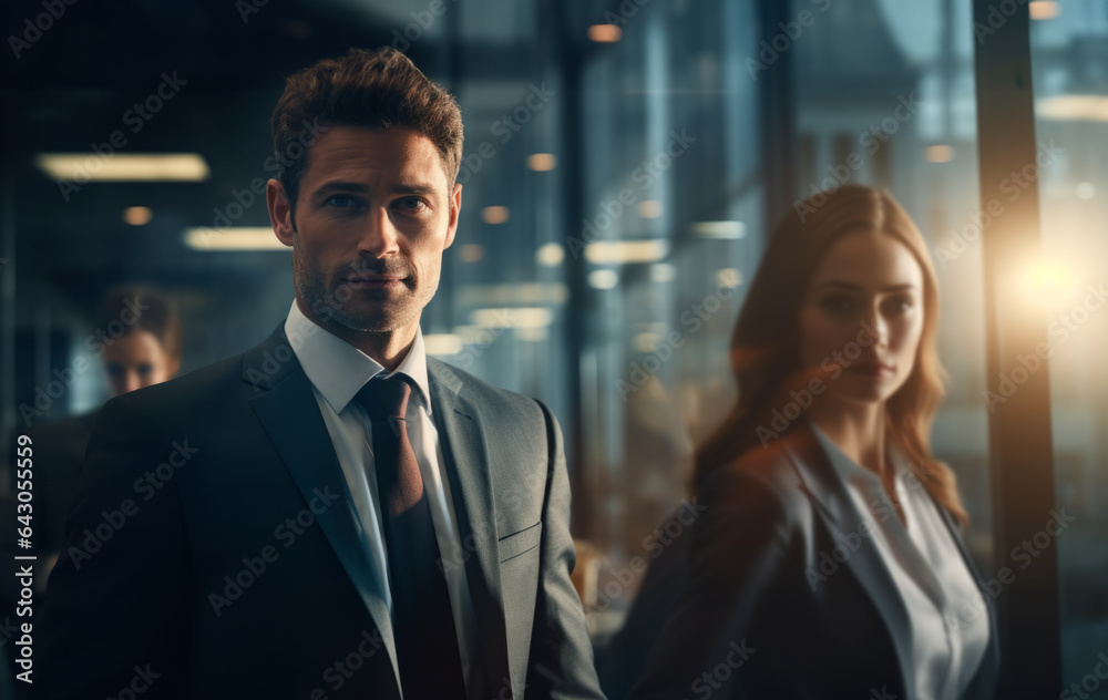 A man and a woman. Golden hour. In the office. Working together. Teamwork. Corporate life. Teamwork. A man and a woman. Golden hour. In the office. Working together. Teamwork. Corporate life. Teamwork.