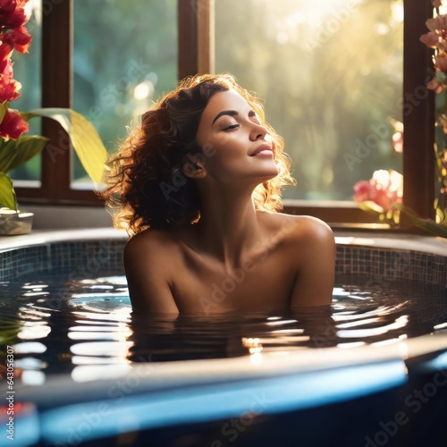 Beautiful woman relaxing in a bathtub in a luxury room.Generative AI