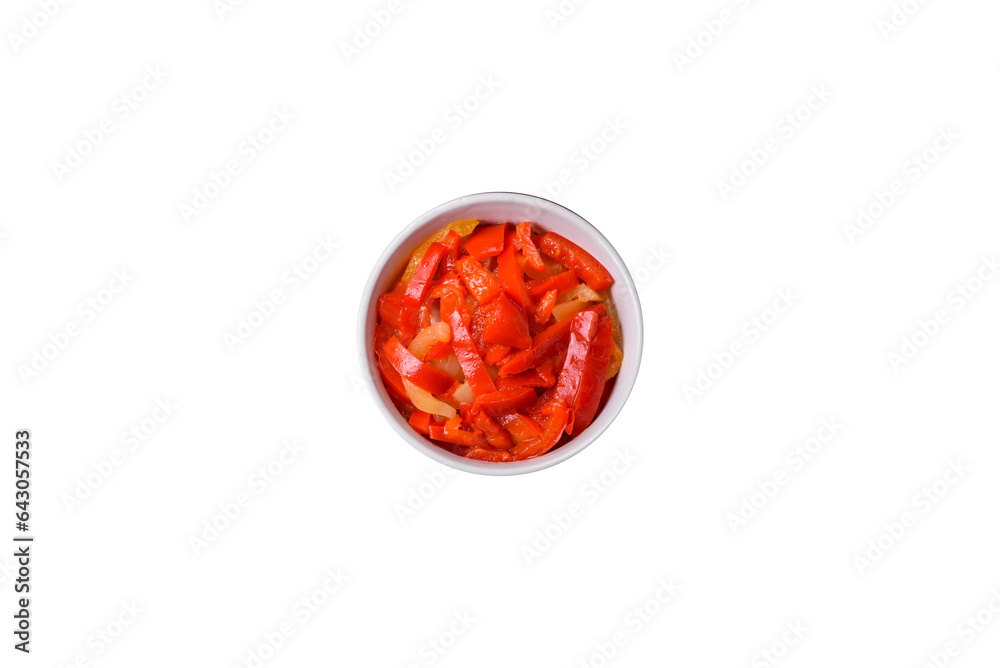 Delicious fresh saute sweet bell pepper slices with onion, salt, spices and herbs