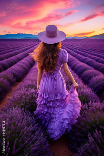 Girl dressed in purple color walks in lavender field