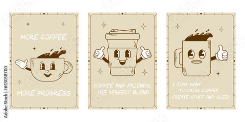 Set of trendy banners with funny characters drinks with slogan. Coffee in glass and cup on a beige background. Branding mascots sticker for bar, cafe and restaurant. Cute vector illustration.