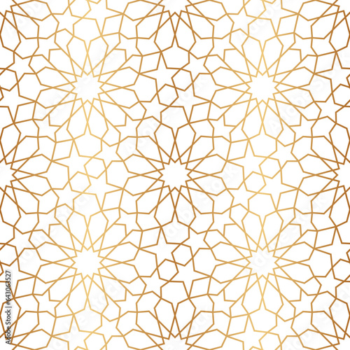 Morocco gold seamless pattern. Repeating golden marocco grid. Arabic background. Repeated simple moroccan mosaic motive. Islamic texture. Design prints. Abstract arabesque patern. Vector illustration