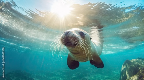 a sea lion swimming in the ocean with sunlight shining through its fur, taken from underwater photography by photographer person photo