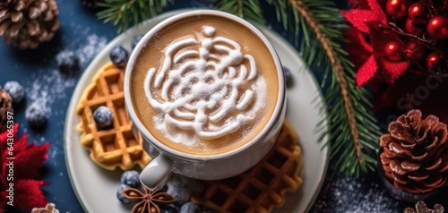 Cup of cappuccino with christmas decoration on dark blue background. Background with a Copy Space.