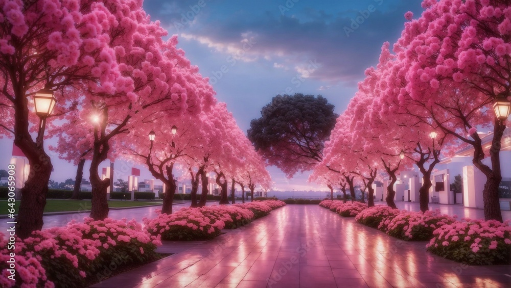 rows of beautiful pink flower tree with lighting