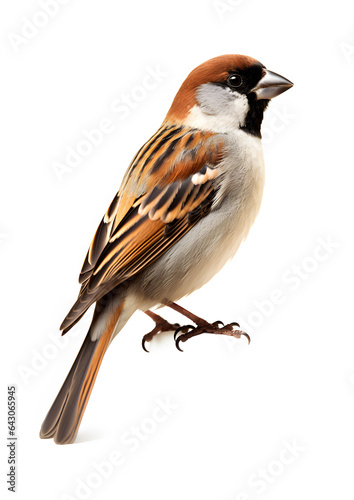 sparrow perched, isolated on white