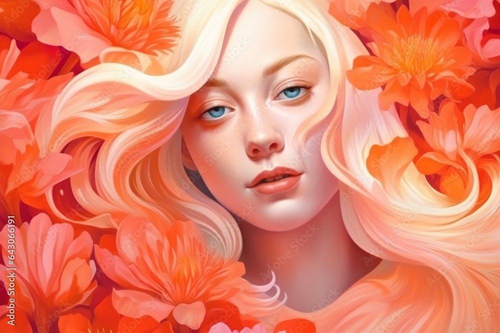 beauty woman trend cosmetic portrait girl pastel flower colourful tender face. Generative AI.