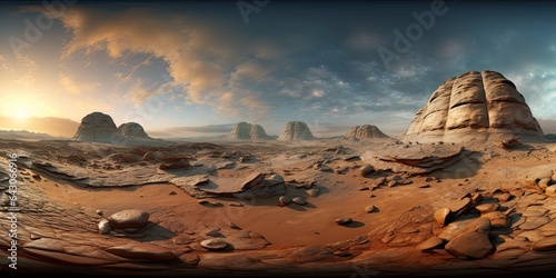 Landscape of the Alien Planet, Mars Surface, Panorama Photography. Generative AI