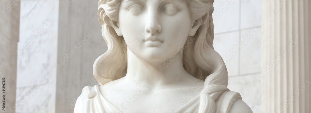 Marble head statue of an Greek goddess Athena on greek architecture interior background from Generative AI