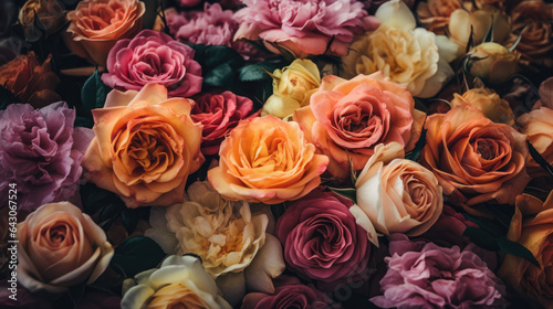 Background of pink orange and peach roses.