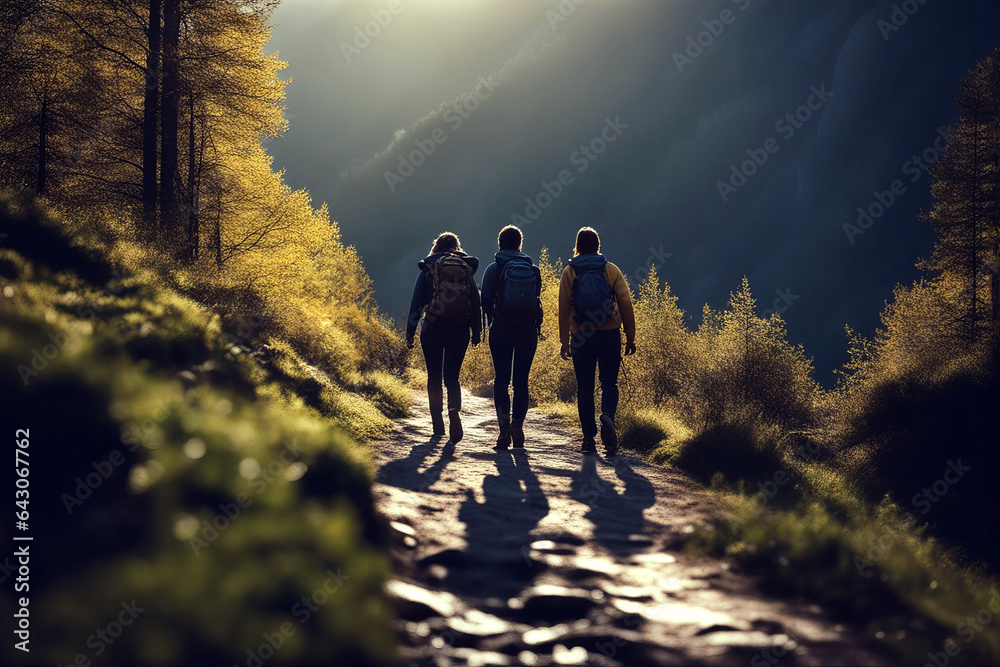 Obraz premium On Nature Trail - Hikers Walking Through Forest, created with Generative AI technology