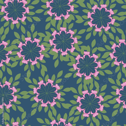 Pink Peonies Wheel with Leaves Scattered on Navy Blue Background