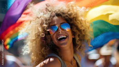 woman at a Pride parade, wearing a sunglasses, rainbow flag