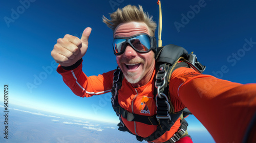 skydiver in a brightly colored jumpsuit flashes a thumbs-up