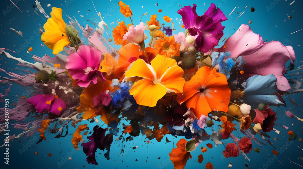 brightly colored flowers are splattered with paint on a blue background Generative AI