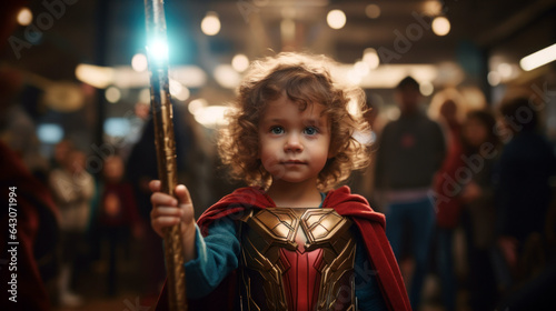 child in a superhero cape gazes directly into the lens