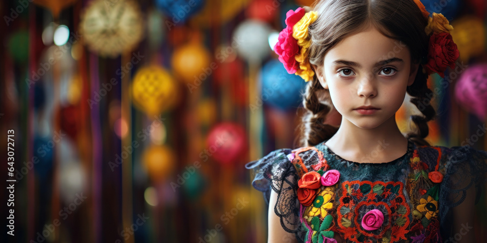 Fototapeta premium young girl in a colorful embroidered dress, Dia de Muertos, day of the dead
