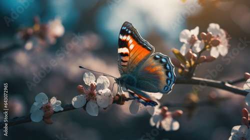 Beautiful blue yellow butterfly in flight and branch of flowering apricot tree in spring at Sunrise on light blue and violet background macro. Elegant artistic image nature.
