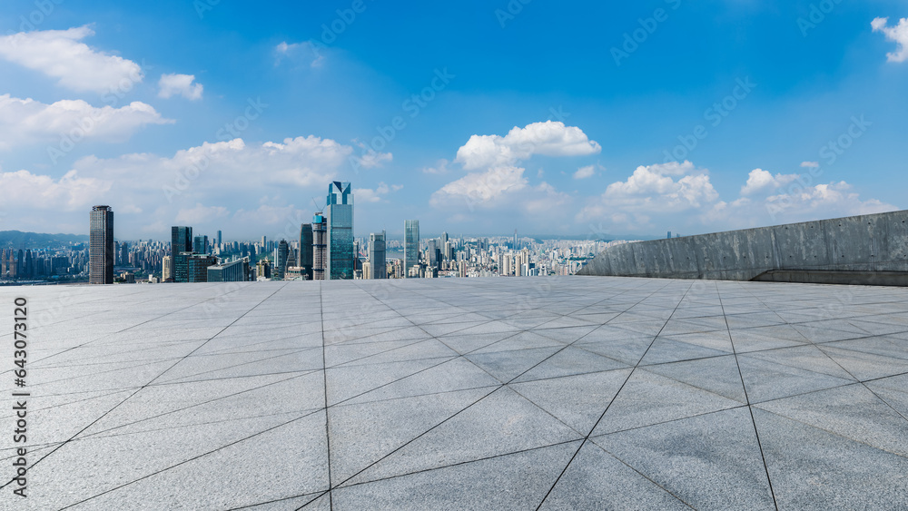 City square and skyline with modern buildings in Chongqing, Sichuan Province, China. High Angle view.