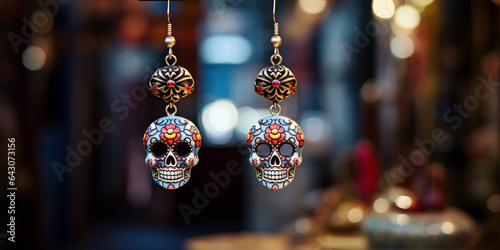 pair of ornate skull-shaped earrings dangle from a jewelry stand, Dia de Muertos, day of the dead