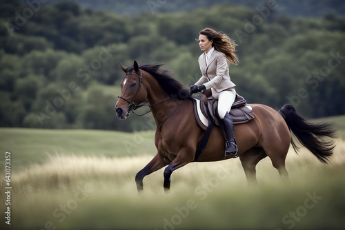 On Nature Trail - Girl On Horseback Over Open Field, created with Generative AI technology