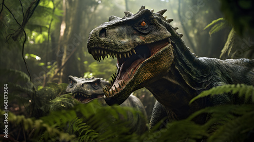 there is a dinosaur that is in the woods with its mouth open Generative AI