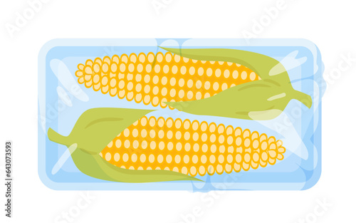 Corncobs in plastic tray vector illustration. Cartoon isolated fresh corn crop with leaves and ripe maize grains in supermarket package, raw summer vegetable in container with polyethylene film wrap