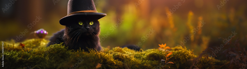 Banner with cute black cat in witch hat on mystic forest background. Halloween design. Postcard with copy space. Generative AI
