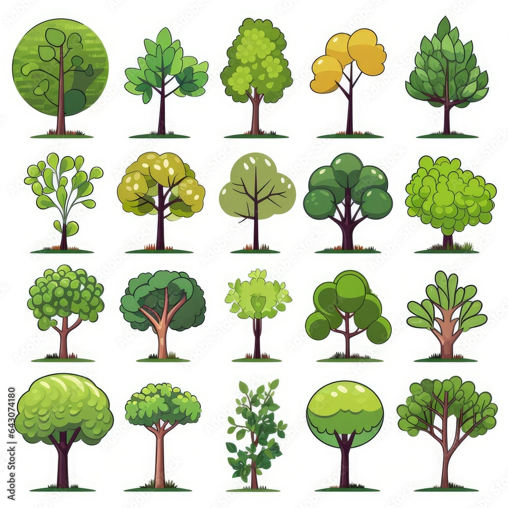 Fototapeta premium Diversity of trees set on white, tree clip art collection. AI Generative.