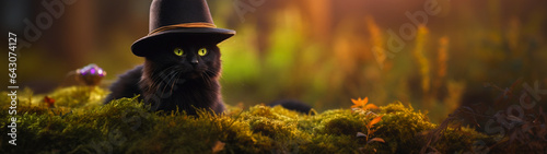 Banner with cute black cat in witch hat on mystic forest background. Halloween design. Postcard with copy space. Generative AI