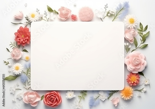 Composition with flowers and blank paper on a beige background. Greetind card mockup. AI Generative. photo