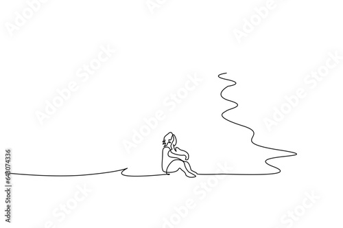 human person sitting on the beach sea looking away to horizon calm relax thinking relax line art design