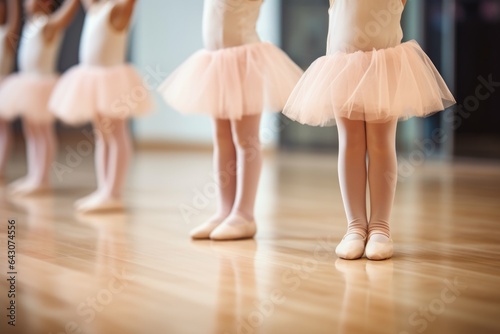 Eine Reihe junger Ballerinas in rosa Tutu und Ballettschuhen tanzen anmutig in der Kinderballettschule, tänzerisches Talent in der Kindheit fördern
