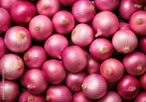 Full Frame Shot Of Purple Onions. Fresh whole purple onions and one sliced onion. AI Generative.