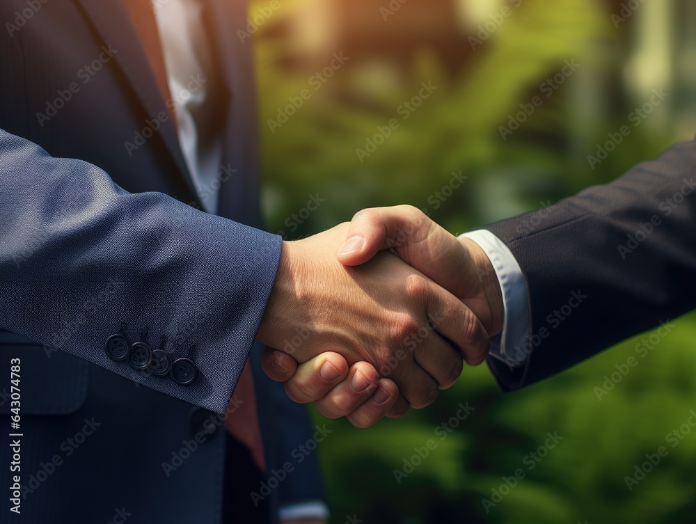 Business people shaking hands, finishing up meeting. Successful businessmen handshaking after good deal. AI Generative.