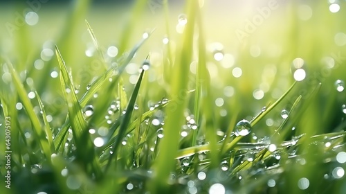 Transparent droplets of dew in grass on summer morning sparkle in sunlight in nature. Fresh grass with water drops, soft focus. Blurred background light green color, macro.