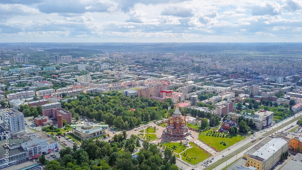 View of the central square and Cathedral of the Holy Archangel Michael. Izhevsk, Russia