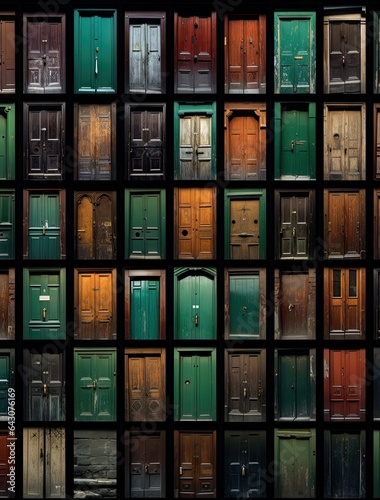 many doors that are all different colors and sizes, with one door open in the middle to reveal an empty room