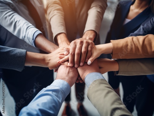Diverse business people group put hands together in stack pile at training as concept of sales team corporate unity connection  teambuilding loyalty  support in teamwork