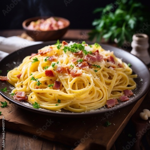 Homemade pasta Carbonara in a gray plate on a wooden background