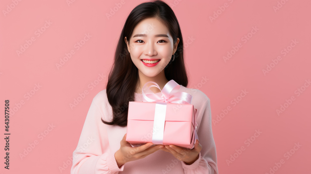Happy brunette girl holding gift box and looking at the camera while enjoys over pink background Happy brunette girl holding gift box and looking at the camera while enjoys over pink background