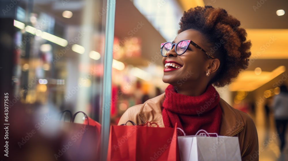 Obraz premium Young woman stands with bags while shopping in the mall.